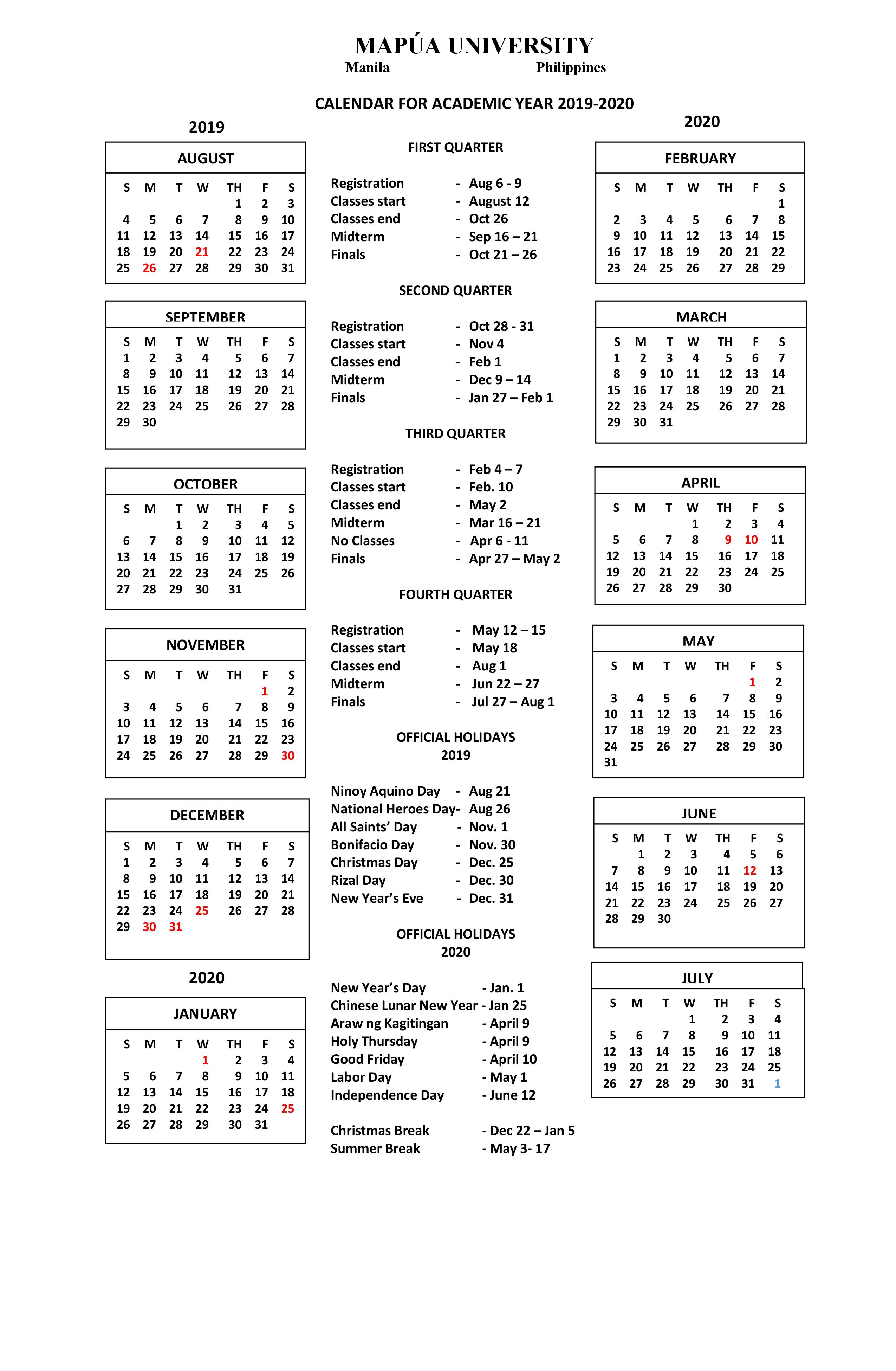 Calendar For Academic Year 2019 2020 Mapúa University