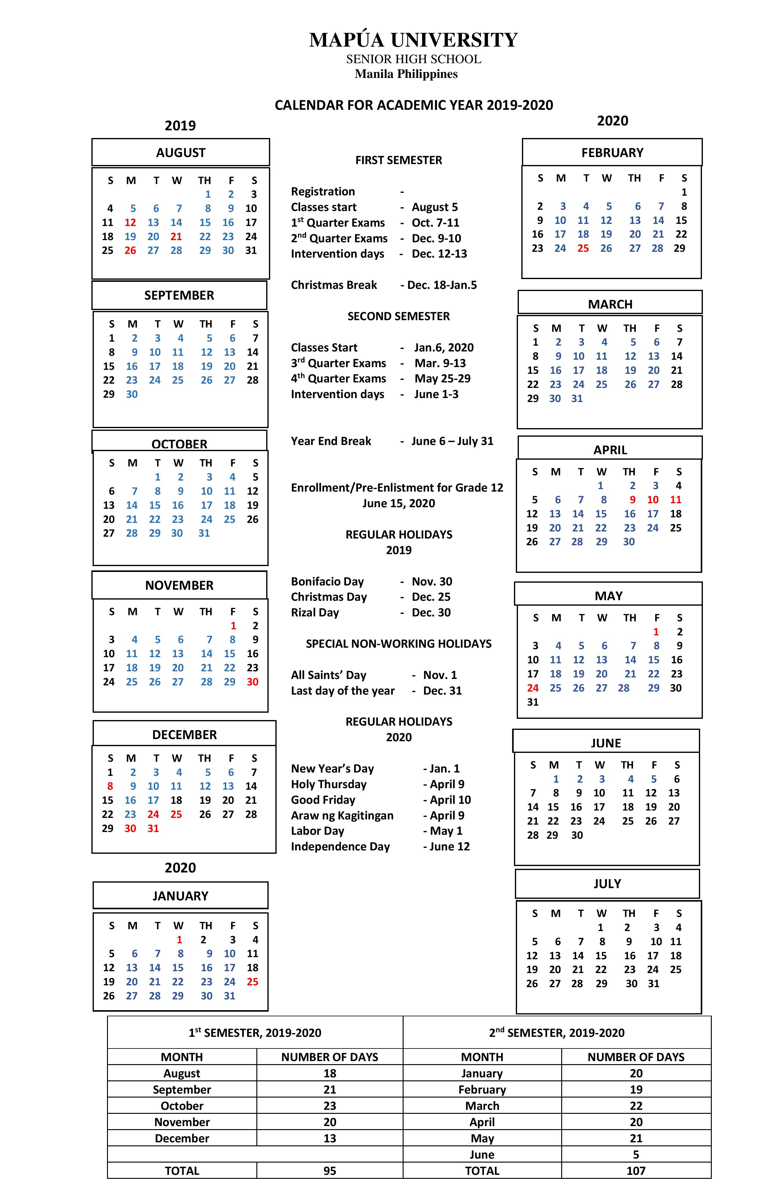 2020 School Year Calendar