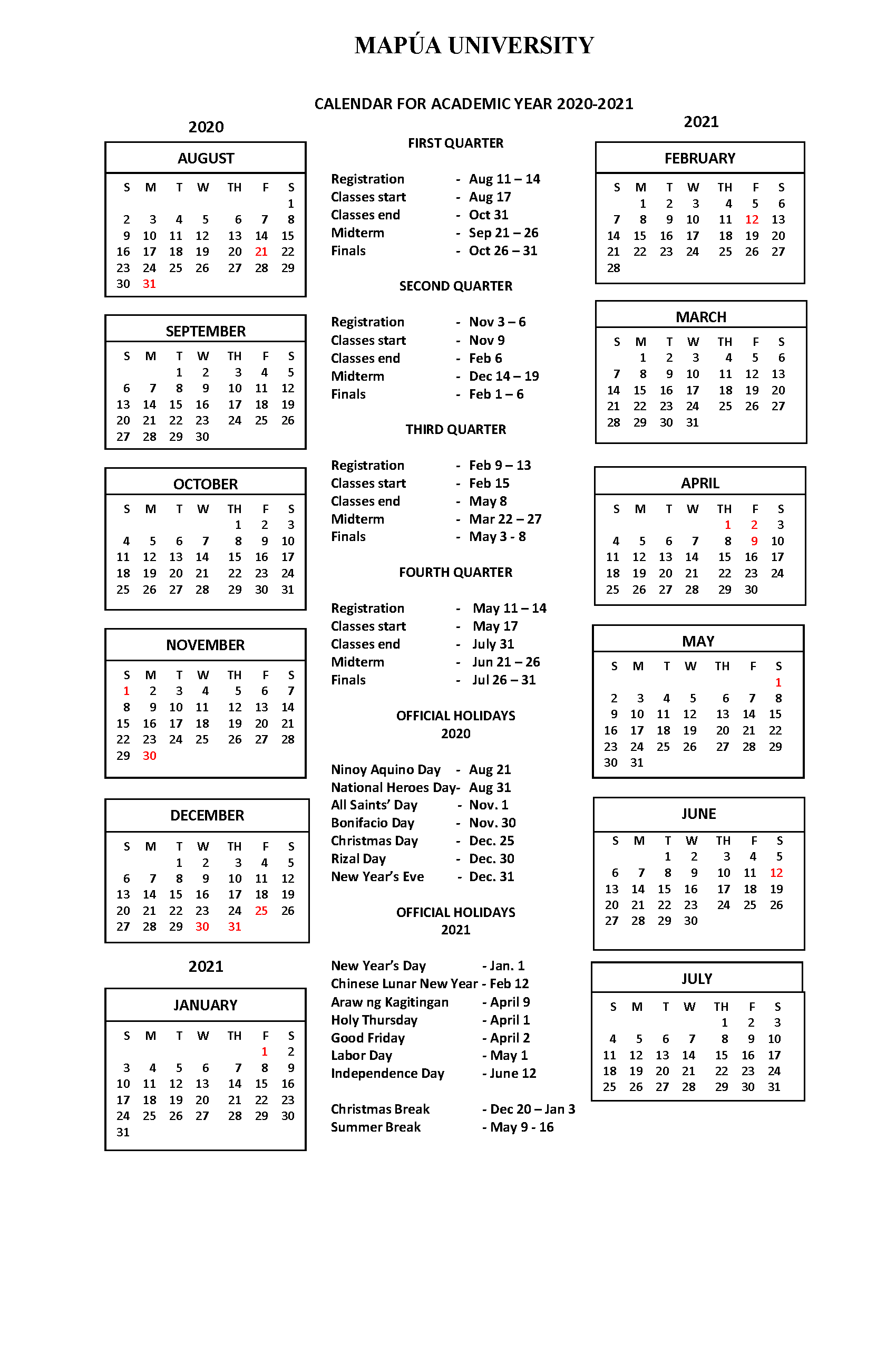 Undergraduate AY2020-2021 Calendar | Mapúa University